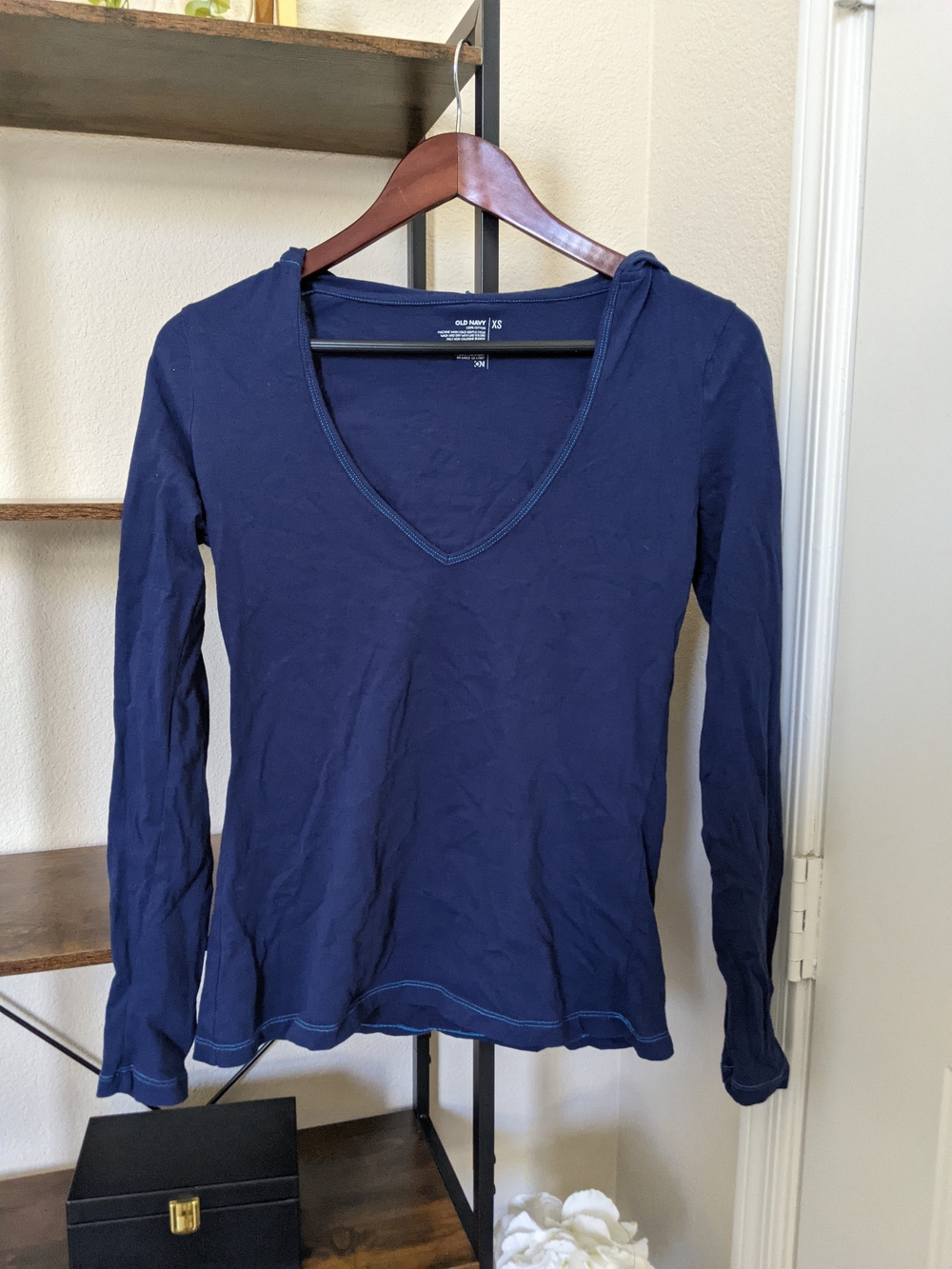 Old Navy XS Long Sleeve V-Neck Tee w/ Hoodie Dark Blue with Contrast Stitching
